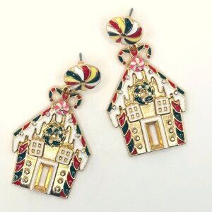 Fun Gold Alloy Peppermint Swirl Candy Gingerbread House Christmas Earrings New
